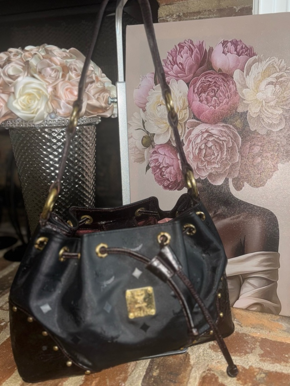 Vintage MCM Drawstring Shoulder Bucket Bag in Brown/Black